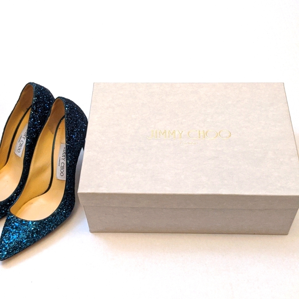 Jimmy Choo Teal Glitter Pointed Toe Pumps - Picture 9 of 10